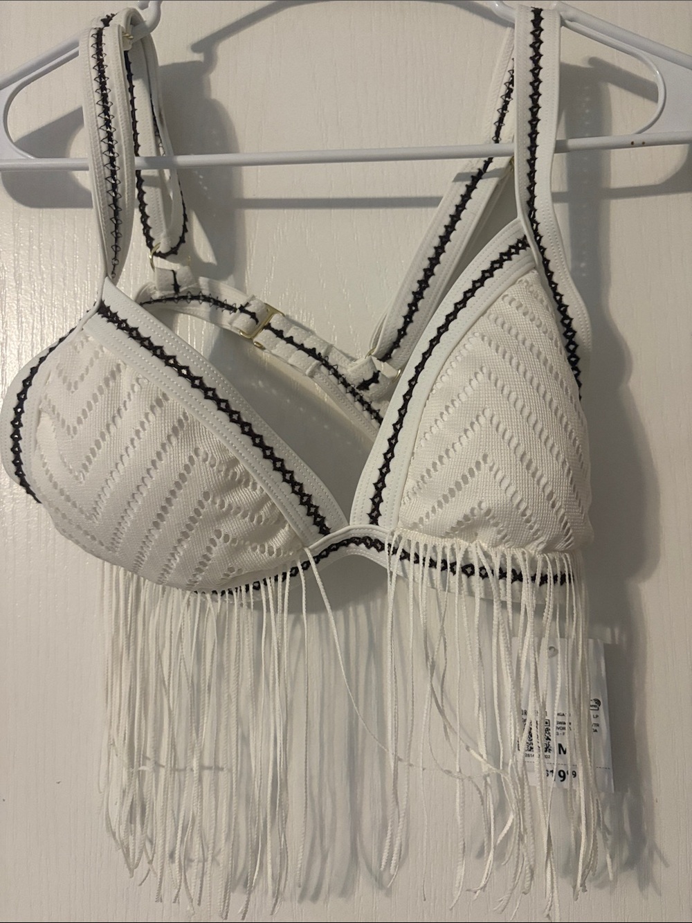 White Fringe Bikini Top with Brown Trim